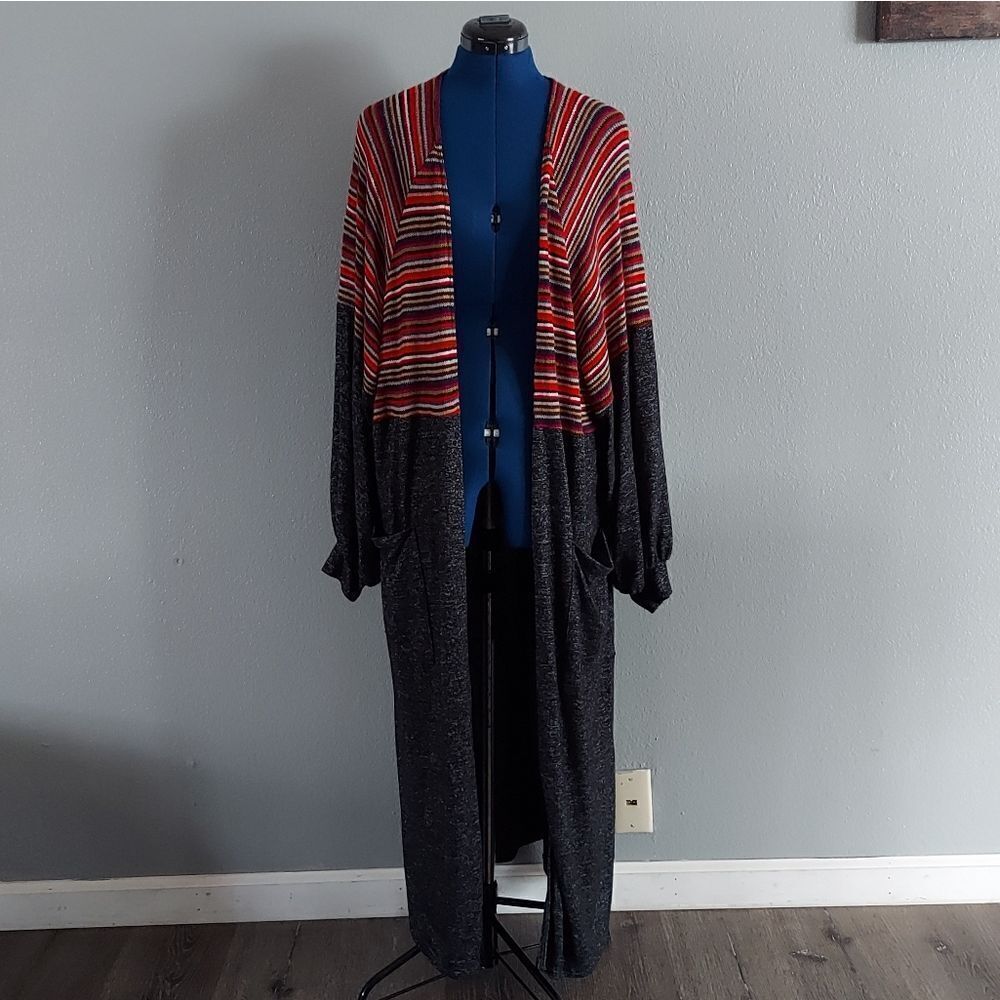 Hummingbird Chic Charcoal Gray Multi Stripe Duster Cardigan Medium